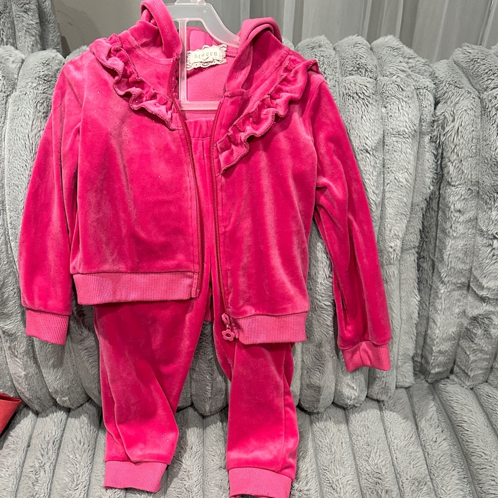 btween Bright Pink Velour Hoodie Set with Lace Trim